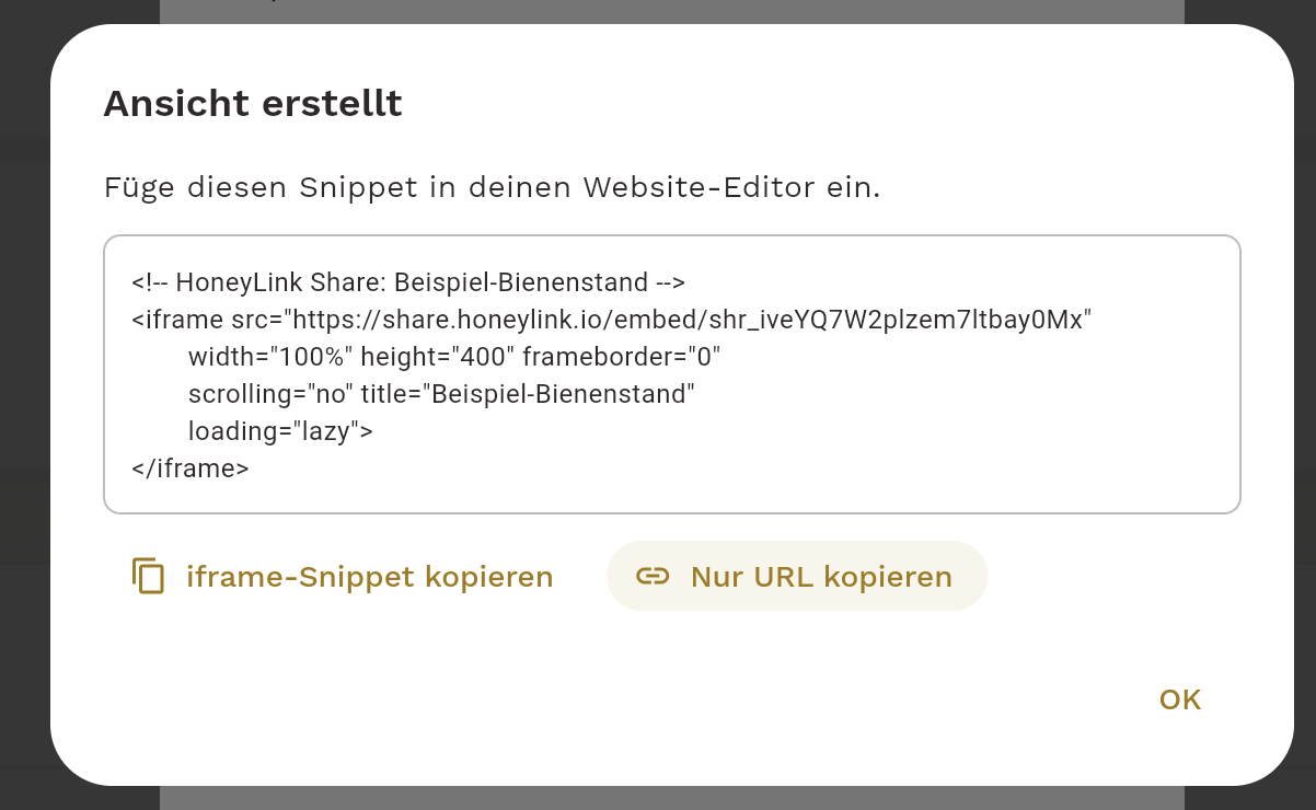 Fertiger iframe-Code mit den Schaltflächen zum Kopieren